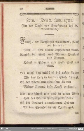 Zorn. Den 2. Jun. 1781. : (In der Nacht vor Empfahung des H. Abendmals.)
