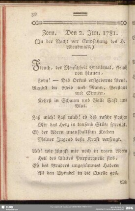 Zorn. Den 2. Jun. 1781. : (In der Nacht vor Empfahung des H. Abendmals.)