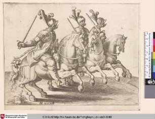 [Drei Kavalleristen mit gezogenem Schwert, nach rechts reitend; Three Cavalrymen in Full Armour with Drawn Swords, Riding to the Right]