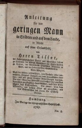 Anleitung für den geringen Mann in Städten und auf dem Lande in Absicht auf seine Gesundheit