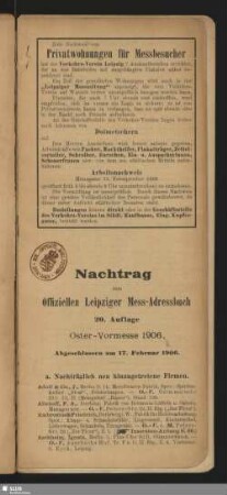 Nachtrag zum Offiziellen Leipziger Mess-Adressbuch 20. Auflage Oster-Vormesse 1906