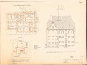 Amtsgericht, Cochem: Grundriss KG, Rückansicht 1:100 Lageplan 1:500