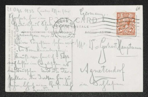 Brief von Herbert Eulenberg und Hedda Eulenberg an Gerhart Hauptmann