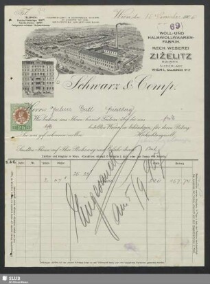 Schwarz & Comp., Woll- und Halbwollwaaren-Fabrik, Mech. Weberei in Ziželitz, Böhmen, Wien : Rechnung