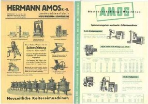 Werbeblätter/Prospekte der Fa. Hermann Amos für neuzeitliche Keltereimaschinen (ca. 1948) und Obstverarbeitungs-Maschinen (1955)