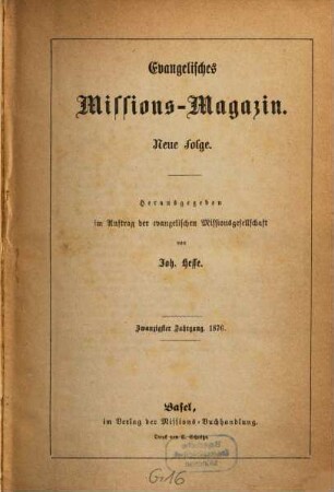 Evangelisches Missions-Magazin. 20. 1876