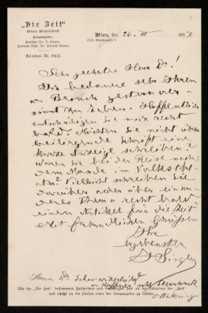 Nr. 2 Brief von Isidor Singer an Karl Schwarzschild. Wien, 26.3.1897