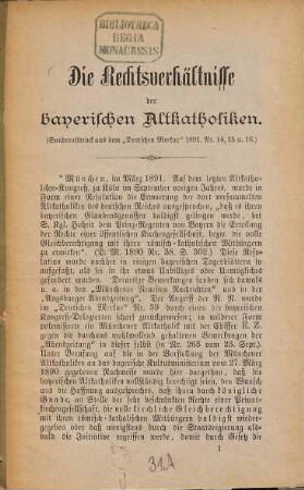 Die Rechtsverhältnisse der bayerischen Altkatholiken