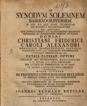 Ad synodum solemnem Baiersdorfensem in art. XV. Aug. conf. invariatae de ritibus ecclesiasticis