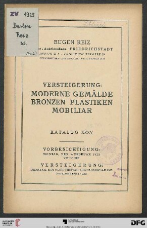 Versteigerung: moderne Gemälde, Bronzen, Plastiken, Mobiliar : Versteigerung 10. bis 13. Februar 1925 (Katalog Nr. 35)