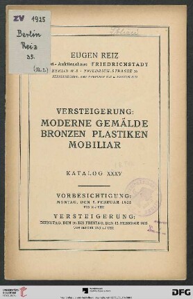 Versteigerung: moderne Gemälde, Bronzen, Plastiken, Mobiliar : Versteigerung 10. bis 13. Februar 1925 (Katalog Nr. 35)