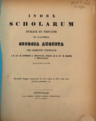 Index scholarum publice et privatim in Academia Georgia Augusta ... habendarum. WS 1870/71