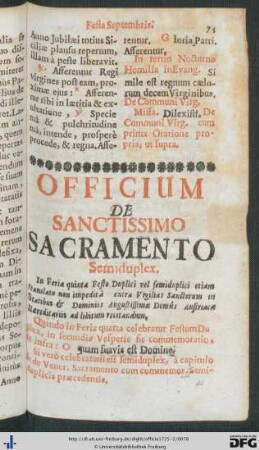 Officium De Sanctissimo Sacramento.