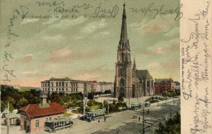 Postkartenalbum mit Motiven von Karlsruhe. "Karlsruhe. St. Bernharduskirche mit Karl Wilhelmschule"