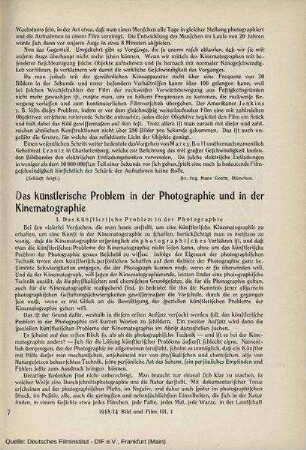 Das künstlerische Problem in der Photographie und in der Kinematographie