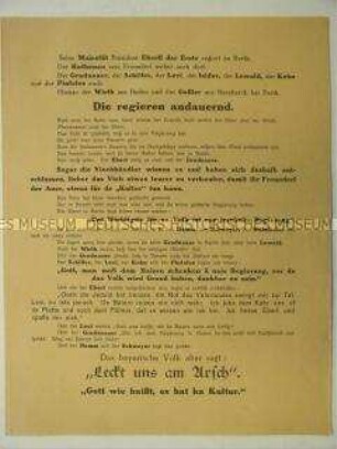 Antisemitisches Flugblatt aus Bayern mit Betonung des angeblichen Unterschiedes der "jüdischen Regierung" in Berlin und dem bayrischen Volk mit mundartlichen Ausführungen