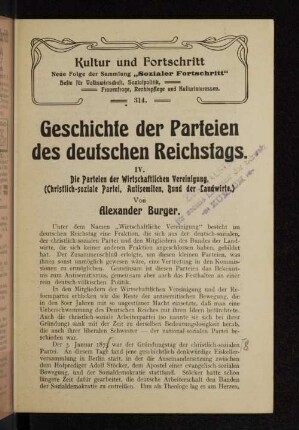 IV. Die Parteien der Wirtschaftlichen Vereinigung. (Christlich-soziale Partei, Antisemiten, Bund der Landwirte.)