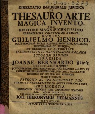 Dissertatio Inauguralis Iuridica De Thesauro Arte Magica Invento