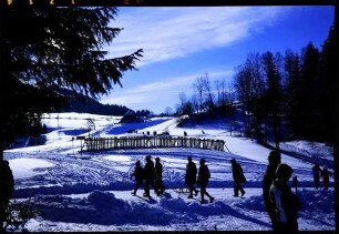 Hinterzarten: Straße, Skiläufer und Schneezaun, am Kesslerhang