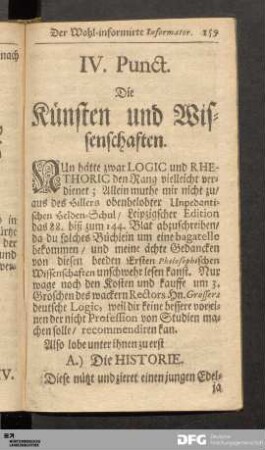 IV. Punct. Die Künsten und Wissenschaften.