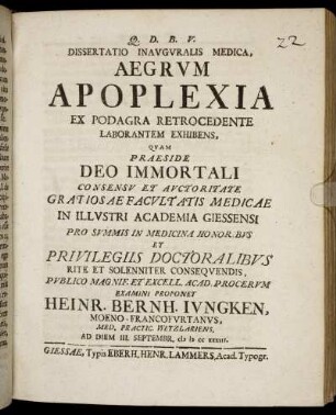 Dissertatio Inauguralis Medica, Aegrum Apoplexia Ex Podagra Retrocedente Laborantem Exhibens