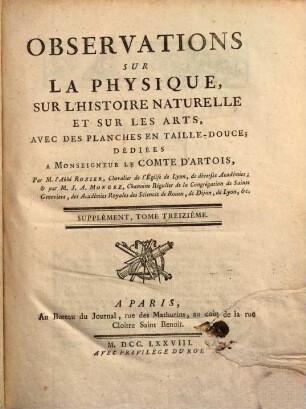 Observations sur la physique, sur l'histoire naturelle et sur les arts. 13. 1778, Suppl.