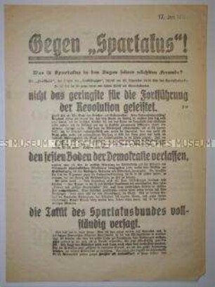 Propagandaflugblatt der SPD mit scharfer Polemik gegen den Spartakus-Bund