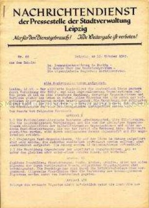 Interner Nachrichtendienst der Stadtverwaltung Leipzig u.a. zur Auflösung aller NS-Organisationen durch den Alliierten Kontrollrat und zum "Bergen-Belsen-Prozess" (Nur für den Dienstgebrauch")