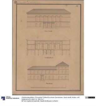 Düsseldorf. Entwurf zu einem Gymnasium. Querschnitt, Vorder- und Seitenansicht