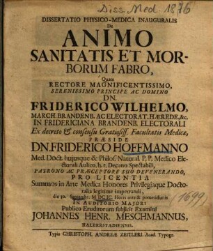Dissertatio Physico-Medica Inauguralis De Animo Sanitatis Et Morborum Fabro