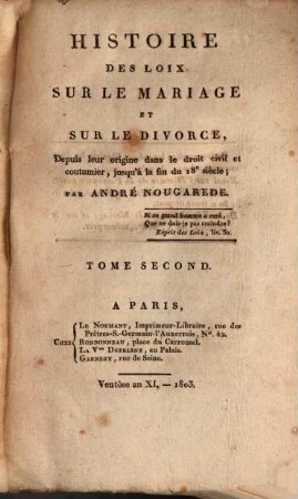 Histoire des loix sur le mariage et sur le divorce, 2