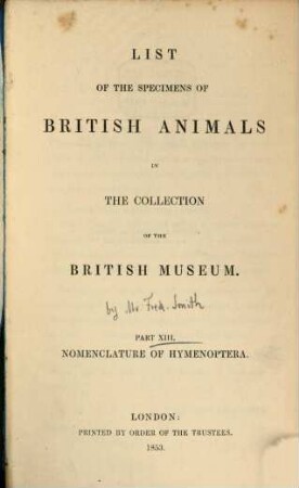 List of the specimens of British animals, 13. Nomenclature of Hymenoptera