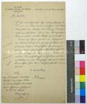 Schreiben des preußischen Kultusministeriums an Wilhelm Kahl über die Verleihung des Königlichen Kronenordens 3. Klasse