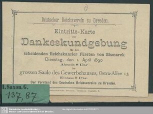 Programm zur Dankeskundgebung für den scheidenden Reichskanzler Fürsten von Bismarck an seinem 75. Geburtstage; Dienstag, den 1. April 1890 veranstaltet vom Deutschen Reichsverein zu Dresden