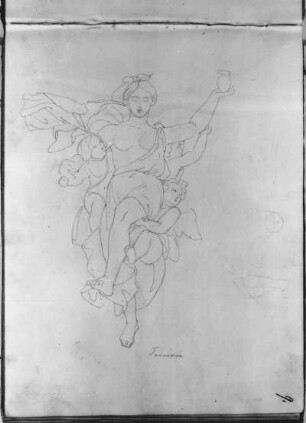 Studie der Psyche nach Raffaels Deckengemälde zur Geschichte der Psyche in der Villa Farnesina, Rom : Rietschel, Ernst. Studie der Psyche nach Raffaels Deckengemälde zur Geschichte der Psyche in der Villa Farnesina, Rom. Skizzenbuch G, fol. 9. Bleistift auf cremeweißem Velin; 18,9 x 24,8 cm (Blattgröße). August 1830/März 1831. Privatbesitz. WVZ S. 321