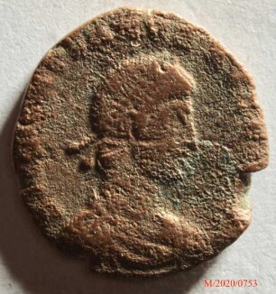 Römische Münze, Nominal Centenionalis, Prägeherr Gratian, Prägeort Arles, Original