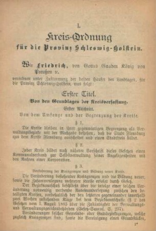 I. Kreis-Ordnung für die Provinz Schleswig-Holstein