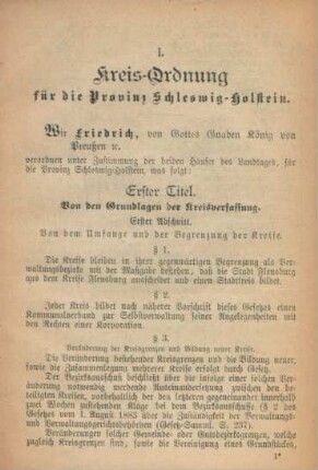 I. Kreis-Ordnung für die Provinz Schleswig-Holstein