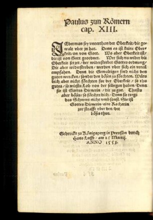 Paulus zun Römern cap. XIII.