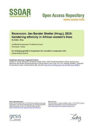 Rezension: Jan Bender Shetler (Hrsg.), 2015: Gendering ethnicity in African women's lives