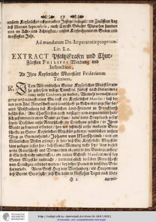 Lit: E.e. EXTRACT PfaltzGrafen und Chur-Fürsten PHILIPPI Werbung und Instruction, ...