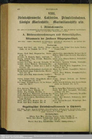 VIII. Steinkohlenwerke. Koksereien. Privateisenbahnen. Königin-Marienhütte. Maximilianshütte usw.
