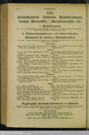 VIII. Steinkohlenwerke. Koksereien. Privateisenbahnen. Königin-Marienhütte. Maximilianshütte usw.