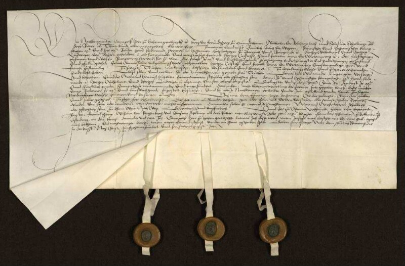 Revers des Gangolf, Herrn zu Hohengeroldseck, und der Ritter Jörg von Frundsberg zu Mundelheim, Wilhelm von Reichenbach, Sebastian Schilling im Auftrage der Vormünder des Herzogs Christoph und der Fräulein Anna von Württemberg wegen 2 Truhen von Kleinodien, silbernem und goldenen Geschirr. Dabei Kopie, Papier. Zum Inhalt der Truhen vgl. G 41 U 14.