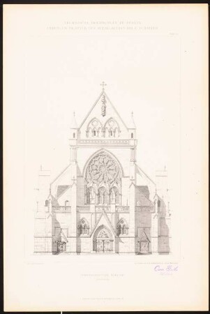 Dreischiffige Kirche: Ansicht Westseite (aus: C. Schäfer, Die Bauhütte, Entwürfe im Stile des Mittelalters, 3. Bd., 1895, Blatt 23)