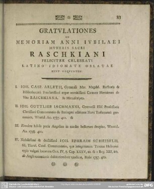 Gratulationes In Memoriam Anni Iubilaei Muneris Sacri Raschkiani Feliciter Celebrati Latino Idiomate Oblatae Sunt Sequentes