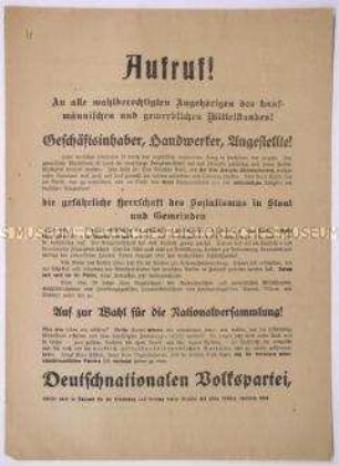 Programmatischer Wahlaufruf der Deutschnationalen Volkspartei an den kaufmännischen und gewerblichen Mittelstand