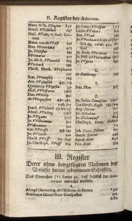 III. Register. Derer ohne beygefügten Nahmen der Verfasser heraus gekommenen Schrifften.