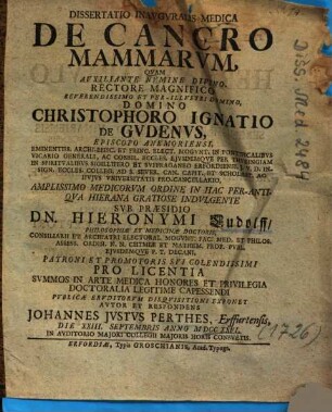 Dissertatio Inavgvralis Medica De Cancro Mammarvm