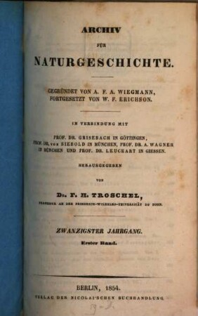 Archiv für Naturgeschichte : Zeitschrift für systematische Zoologie. 20, 20. 1854